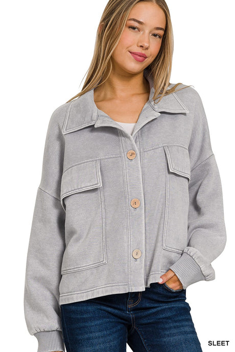 Sleet Acid Washed Fleece Cropped Zenana Shacket 8/4/26 1358