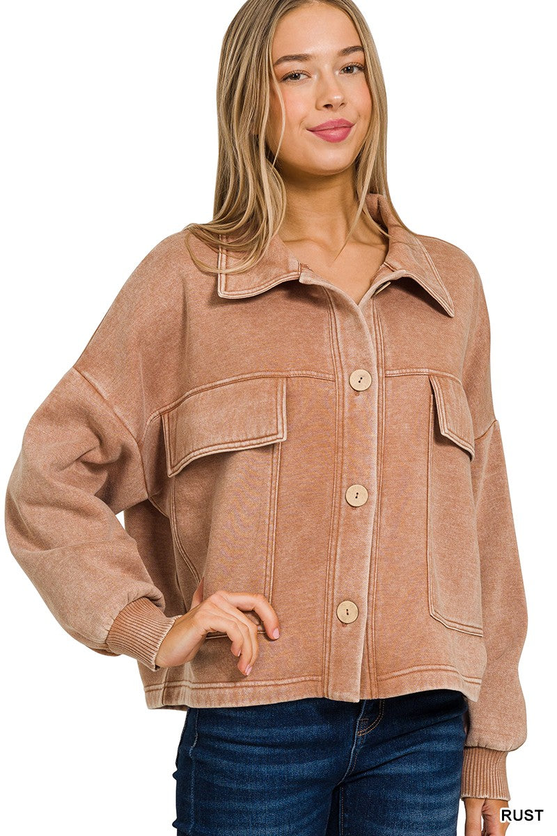 Rust Acid Washed Fleece Cropped Zenana Shacket 8/4/26 1357