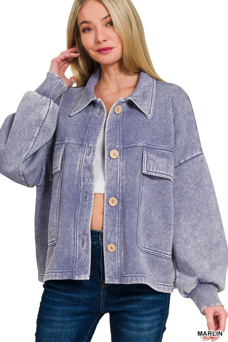 Marlin Acid Washed Fleece Cropped Zenana Shacket 8/4/26 1355