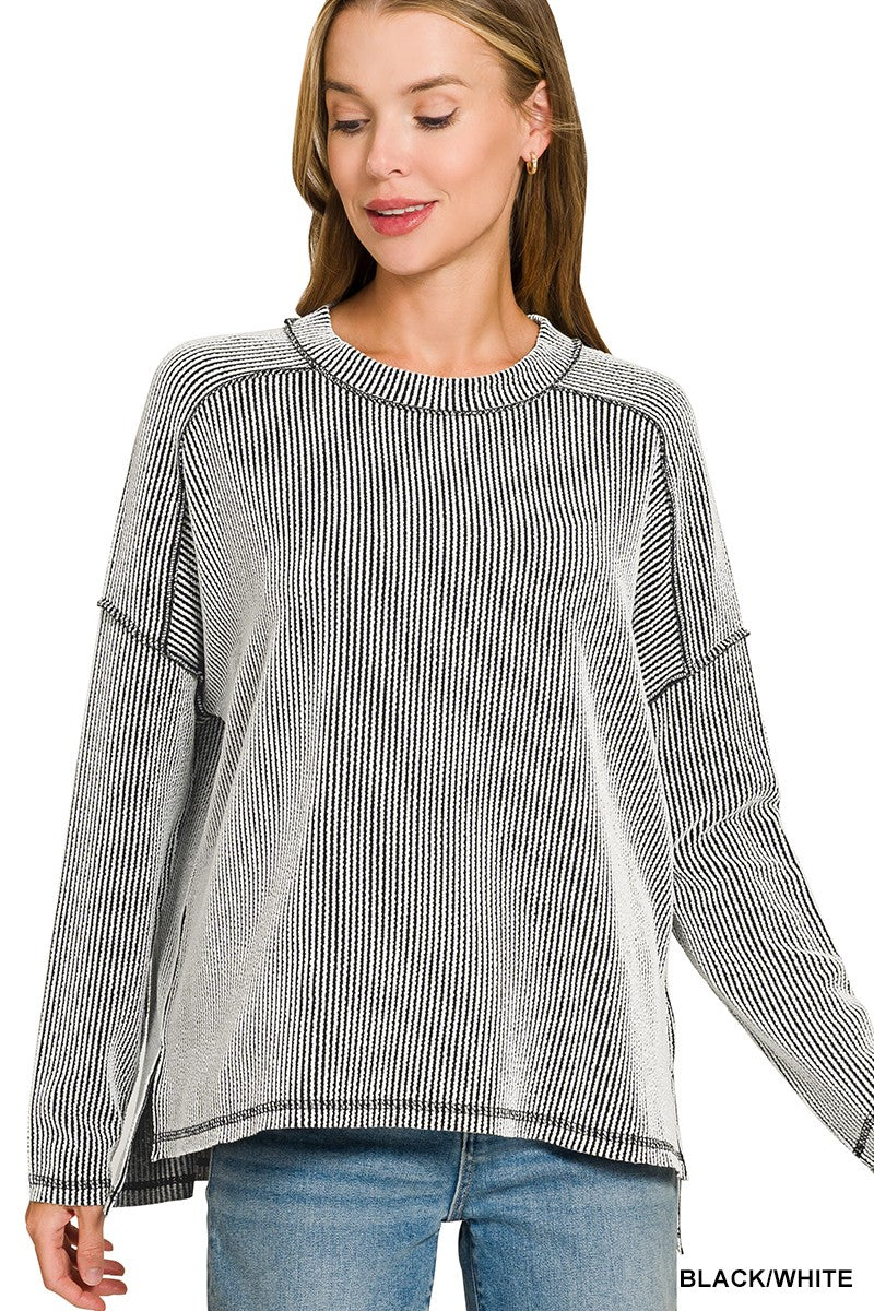 White Stripe Raised Rib Raw Edge Boat Neck Long Sleeve Zenana Top 8/20/26 1386