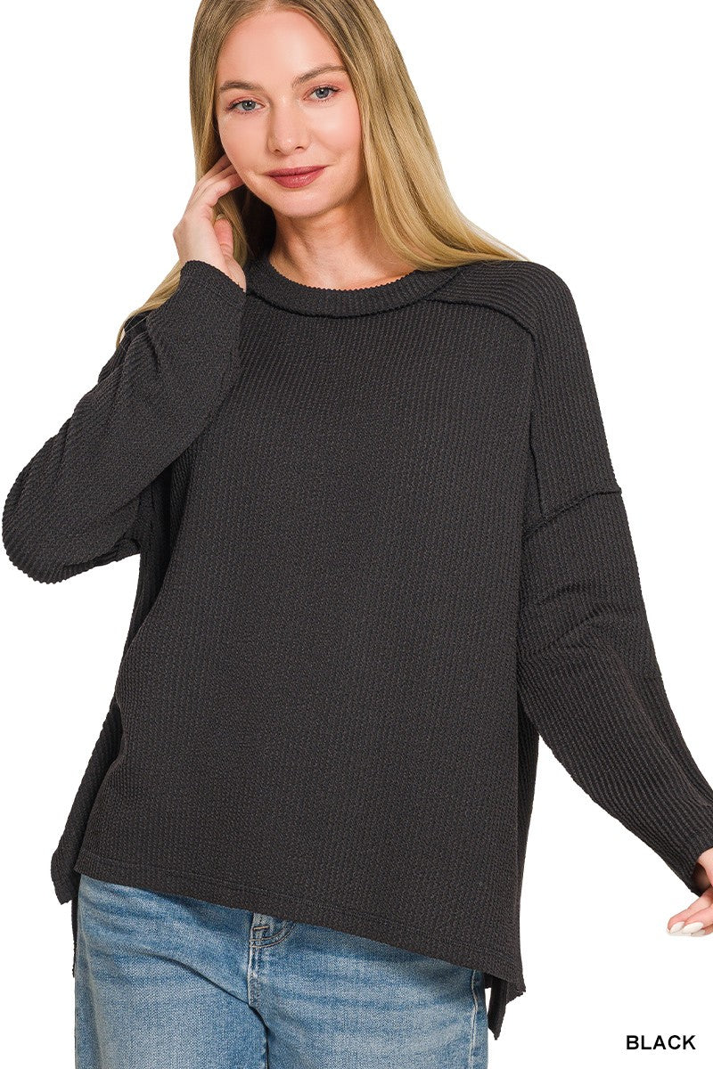 Black Raised Rib Raw Edge Boat Neck Long Sleeve Zenana Top 8/20/26 1385