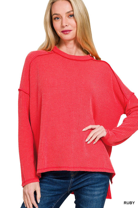 Ruby Raised Rib Raw Edge Boat Neck Long Sleeve Zenana Top 9/9/26 1428