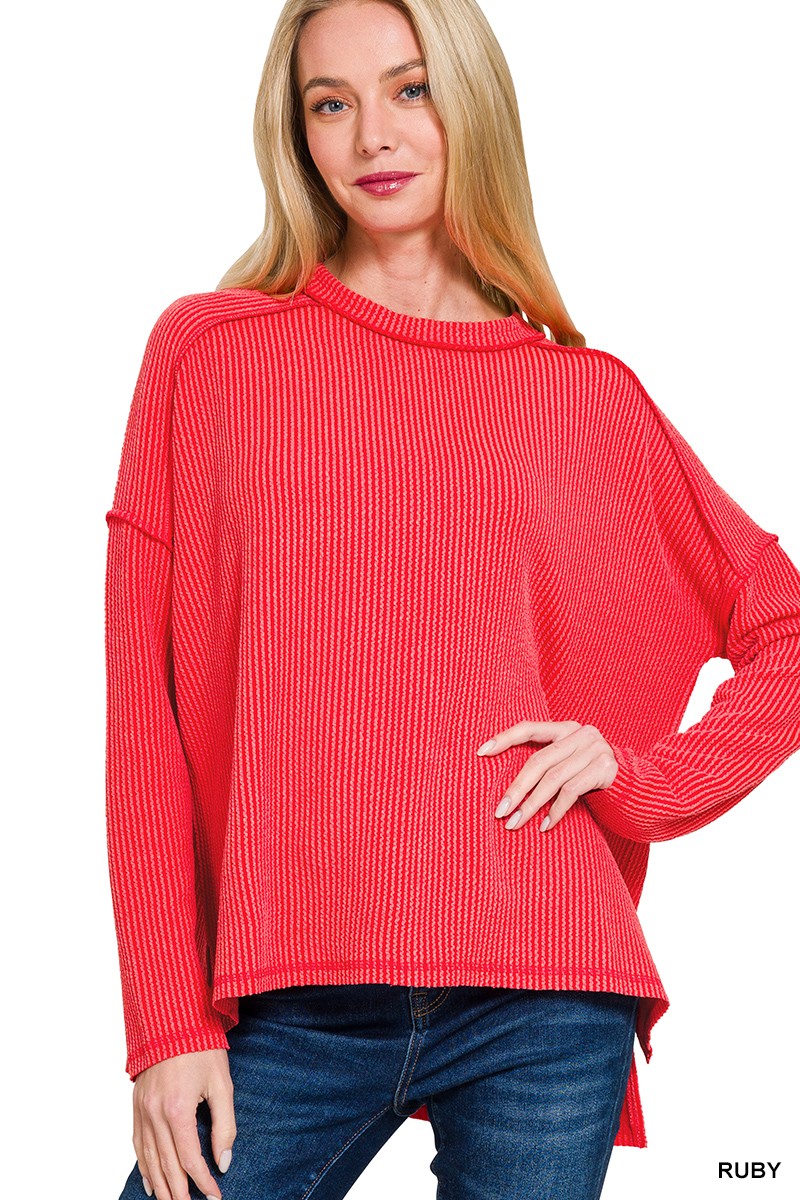 Ruby Raised Rib Raw Edge Boat Neck Long Sleeve Zenana Top 9/9/26 1428