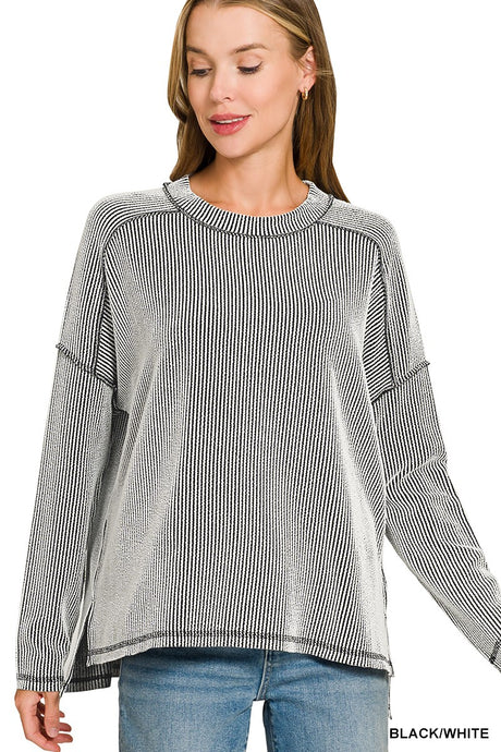 Black White Raised Rib Raw Edge Boat Neck Long Sleeve Zenana Top 9/9/26 1422
