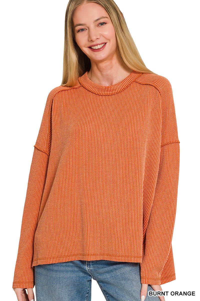 Burnt Orange Raised Rib Raw Edge Boat Neck Long Sleeve Zenana Top 8/20/26 1387