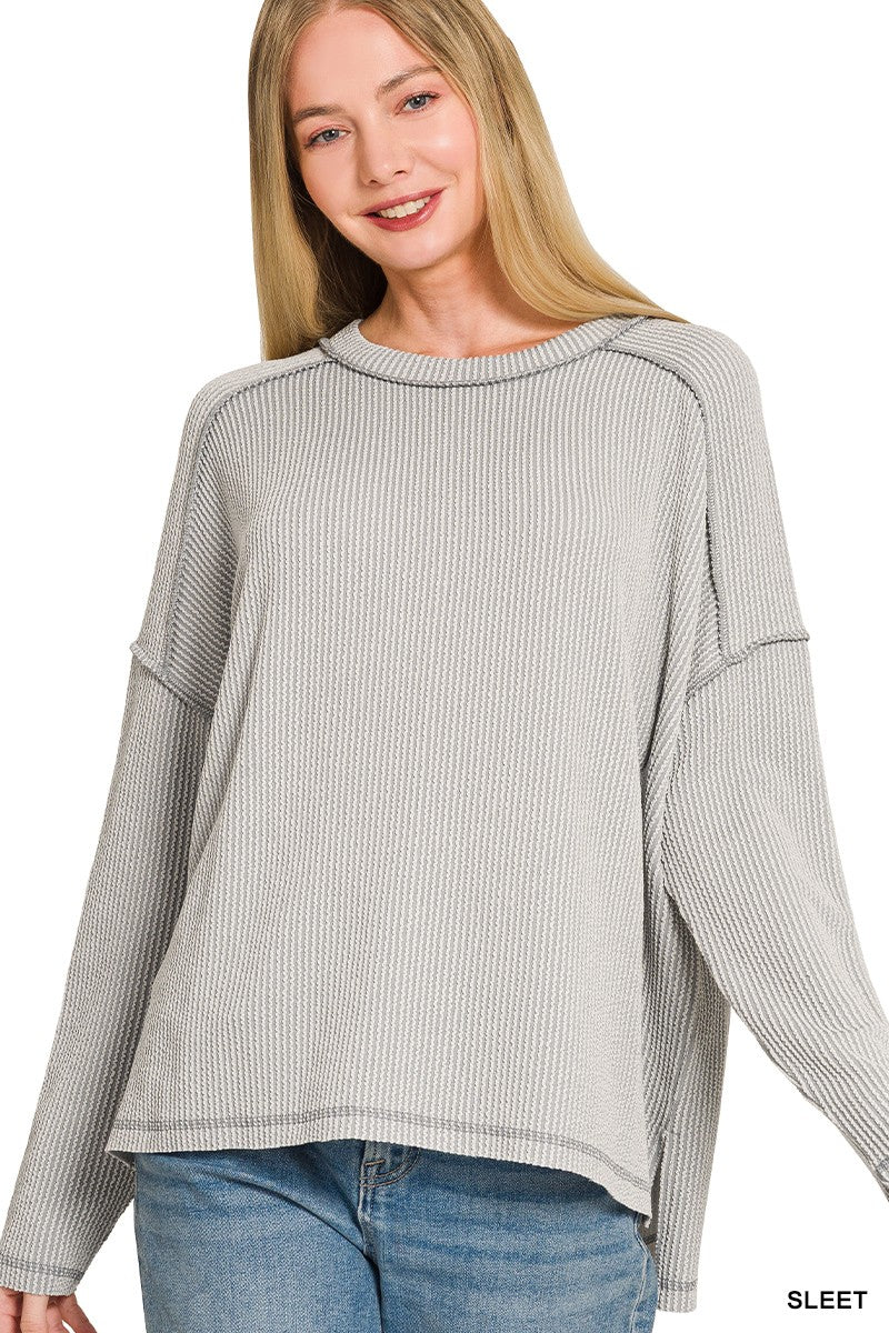 Sleet Raised Rib Raw Edge Boat Neck Long Sleeve Zenana Top 8/20/26 1388
