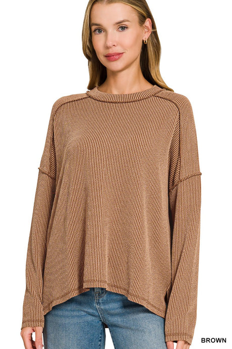 Brown Raised Rib Raw Edge Boat Neck Long Sleeve Zenana Top 9/9/26 1423
