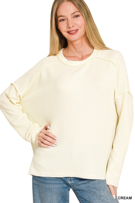 Cream Raised Rib Raw Edge Boat Neck Long Sleeve Zenana Top 9/9/26 1424
