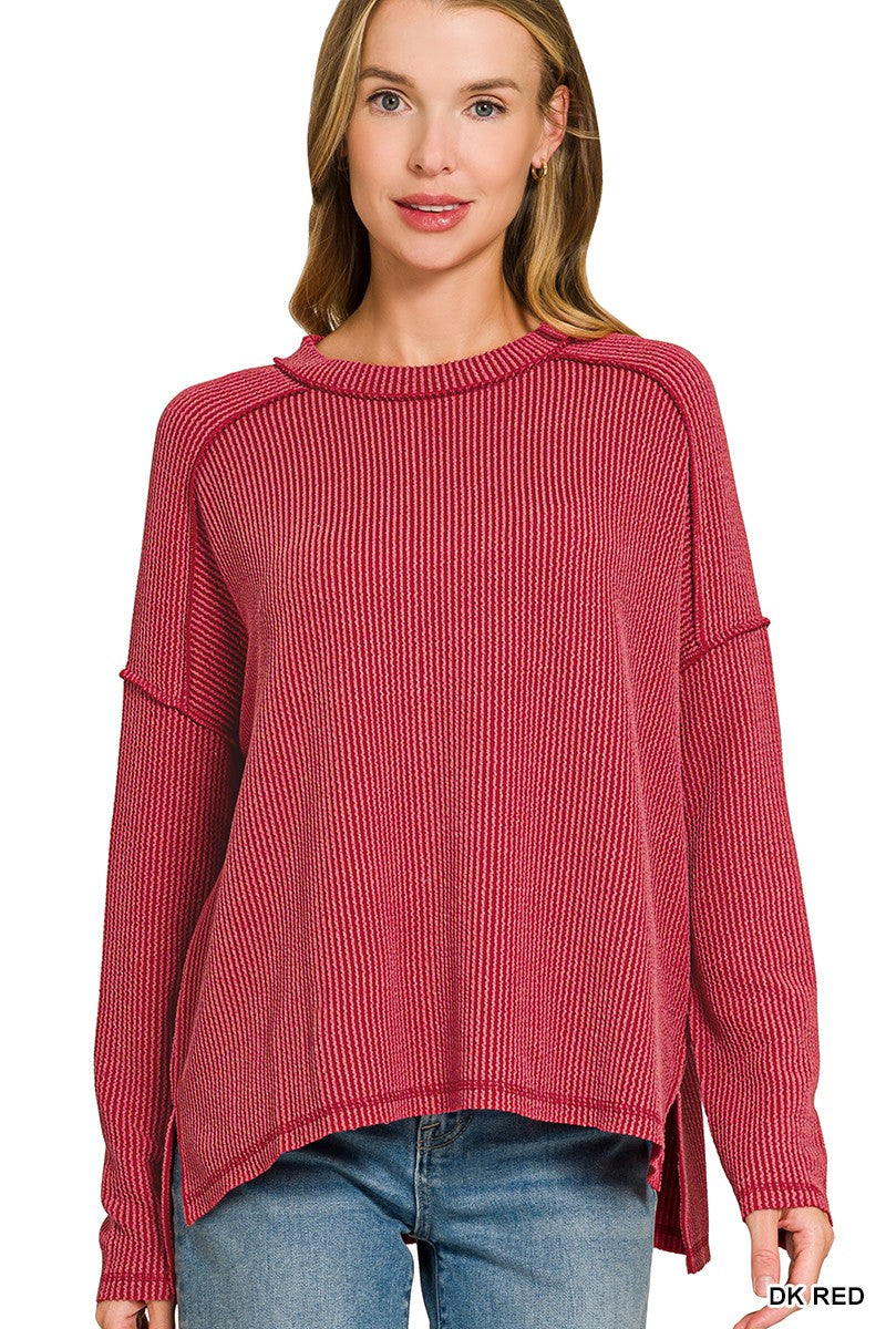 Dark Red Raised Rib Raw Edge Boat Neck Long Sleeve Zenana Top 9/9/26 1425