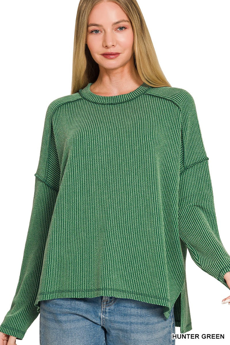 Hunter Green Raised Rib Raw Edge Boat Neck Long Sleeve Zenana Top 9/9/26 1426