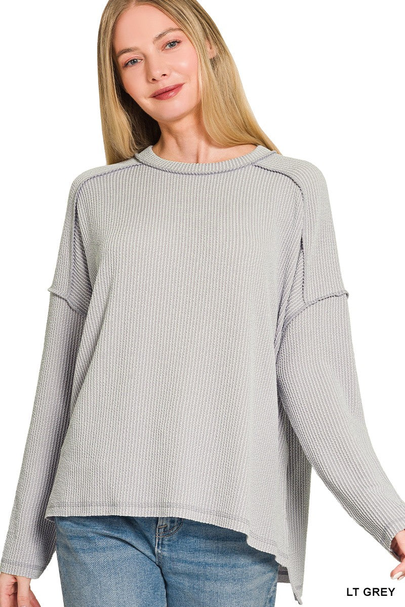 Light Grey Raised Rib Raw Edge Boat Neck Long Sleeve Zenana Top 9/9/26 1427