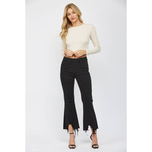Black High Rise Crop Flare Mica Denim Jeans with Uneven Hem