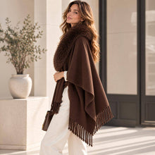 Black Faux Fur Collar Trim Fringe Shawl Poncho