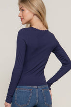 Navy Long Sleeve Scoop Neck with Lace Trim Rib Knit Top