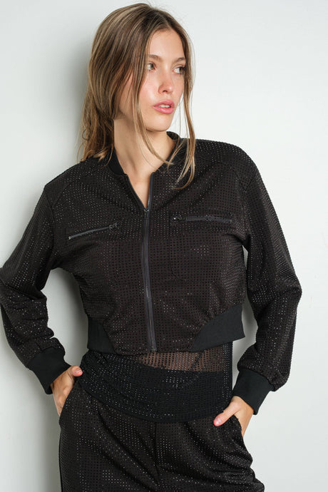 Black Rhinestone Zip Up Cropped Bomber Jacket