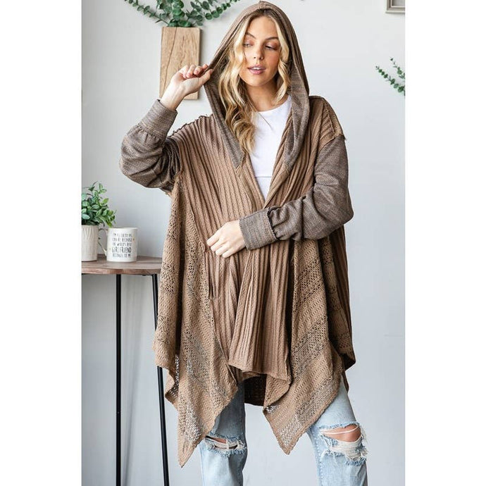 Coffee Mix Media Lace Hooded Long Sleeve Oli+Hali Cardigan