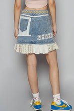 Denim Printed patchwork button down flare POL mini skirt