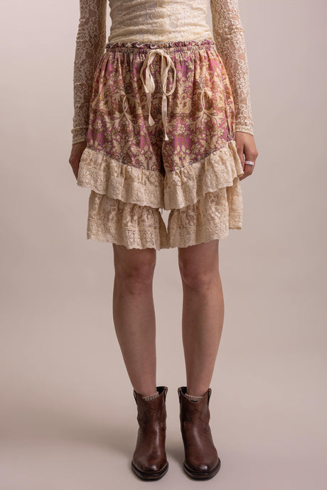 Mauve Floral Print Tiered Ruffle Cuff Long Blue Velvet Shorts 10/19/26 1544