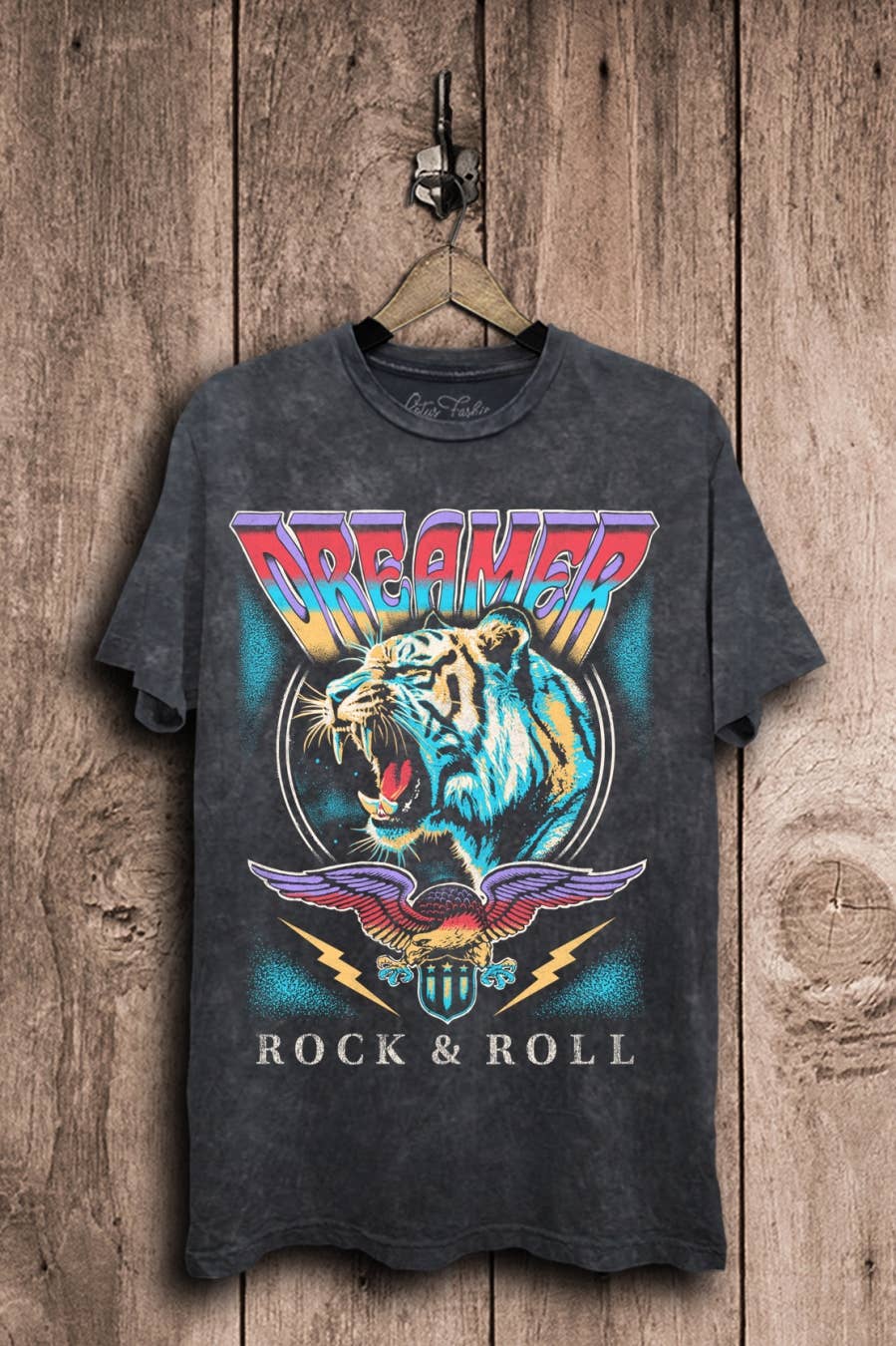 Vintage Black Mineral Wash Dreamer Rock and Roll Tiger Graphic Top