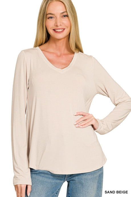 Sand Beige Flowy Round Hem V Neck Long Sleeve Zenana Top 10/2/26 1471