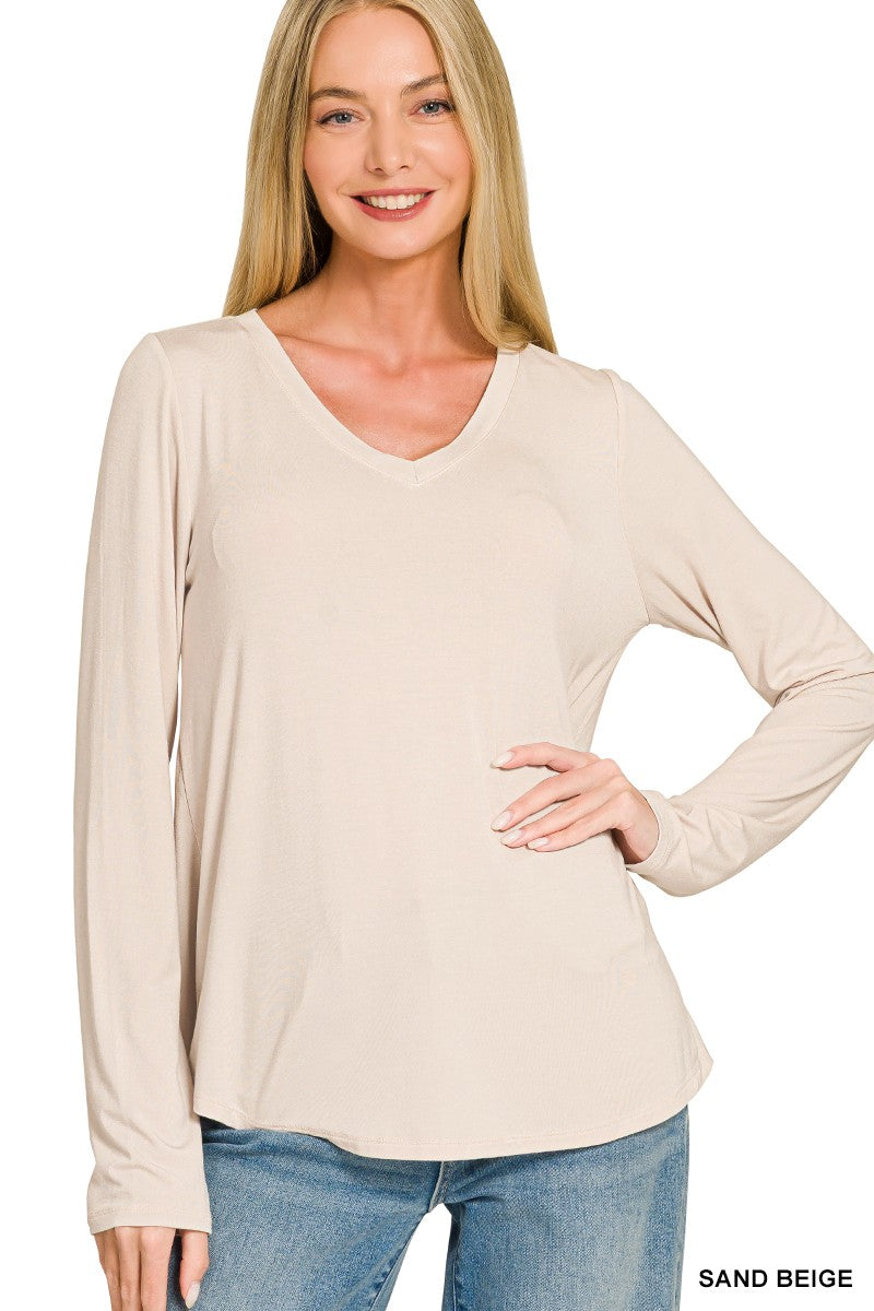 Sand Beige Flowy Round Hem V Neck Long Sleeve Zenana Top 10/2/26 1471