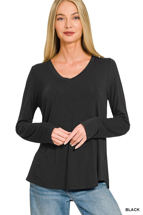 Black Flowy Round Hem V Neck Long Sleeve Zenana Top 10/2/26 1466
