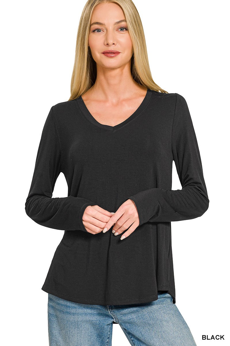 Black Flowy Round Hem V Neck Long Sleeve Zenana Top 10/2/26 1466
