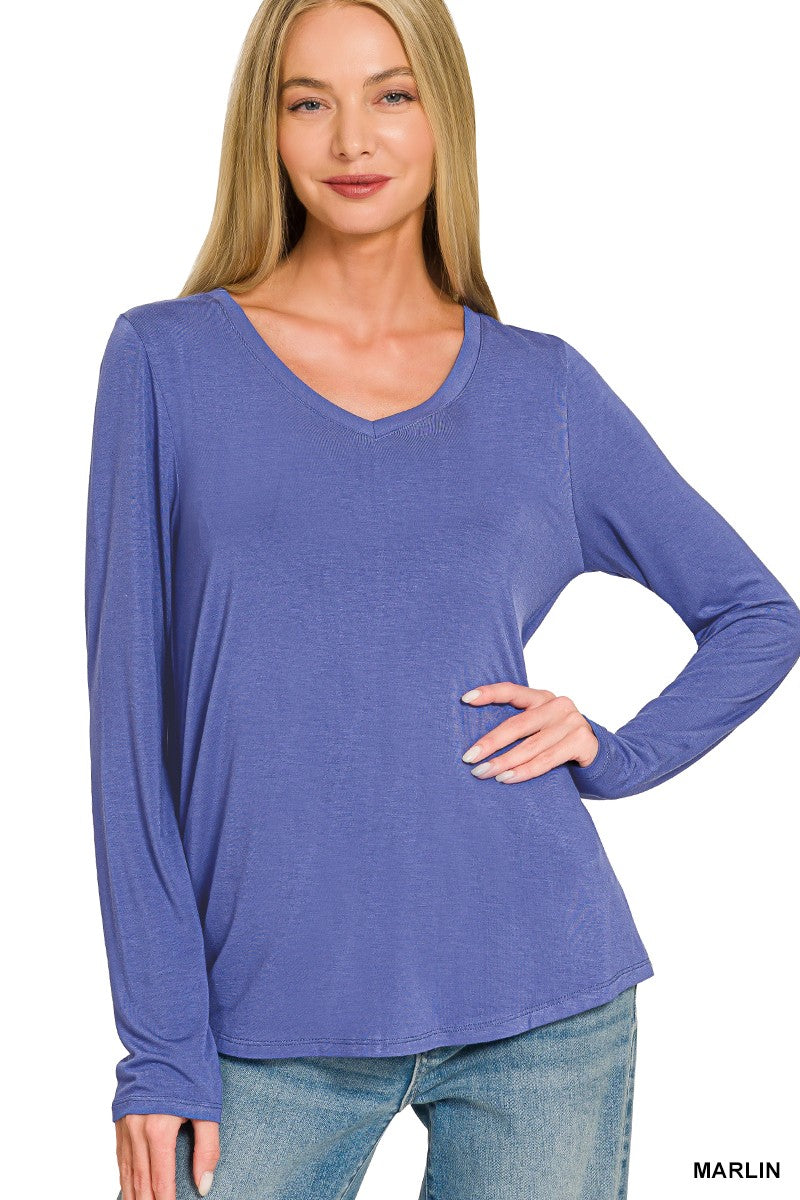Marlin Flowy Round Hem V Neck Long Sleeve Zenana Top 10/2/26 1469