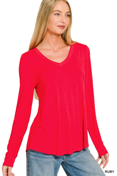 Ruby Flowy Round Hem V Neck Long Sleeve Zenana Top 10/2/26 1470