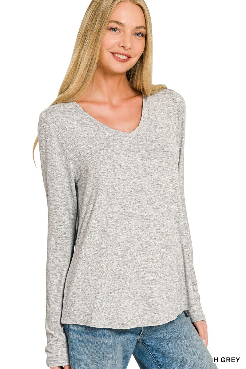 Heather Grey Flowy Round Hem V Neck Long Sleeve Zenana Top 10/2/26 1468