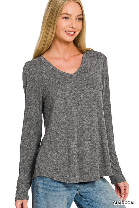 Charcoal Flowy Round Hem V Neck Long Sleeve Zenana Top 10/2/26 1467
