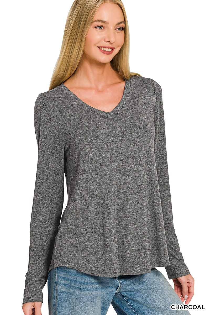 Charcoal Flowy Round Hem V Neck Long Sleeve Zenana Top 10/2/26 1467