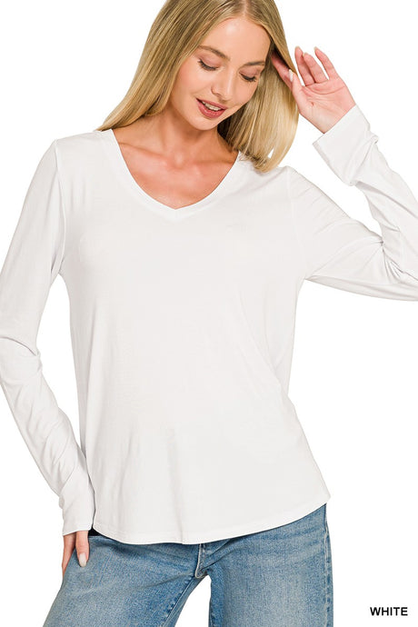 White Flowy Round Hem V Neck Long Sleeve Zenana Top 10/2/26 1472