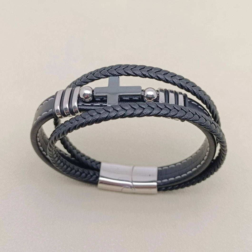 Stone Cross Charm 3 Layer Leather Men's Bracelet