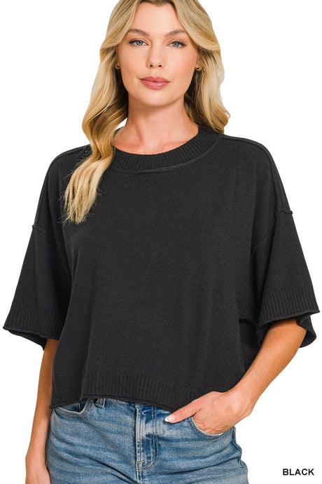 Black Viscose Moch Neck Short Sleeve Boxy Zenana Sweater 10/14/26 1536