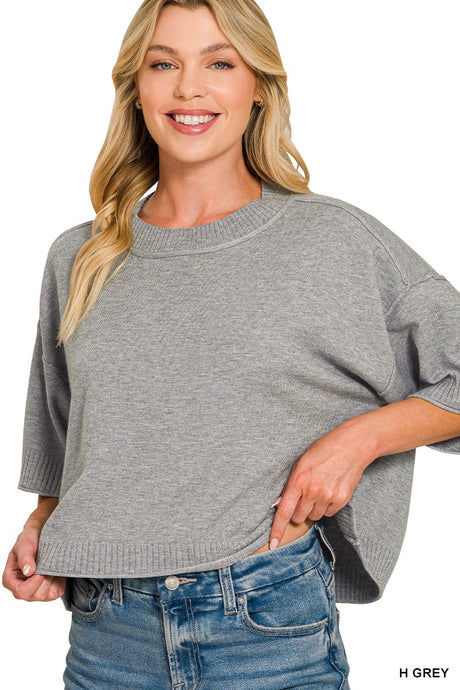 Heather Grey Viscose Moch Neck Short Sleeve Boxy Zenana Sweater 10/14/26 1538