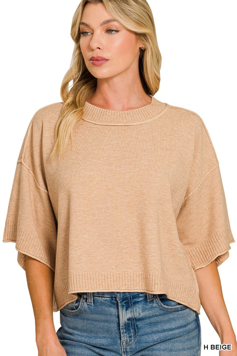 Heather Beige Viscose Mock Neck Short Sleeve Boxy Zenana Sweater 10/2/26 1477