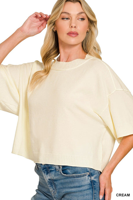 Cream Viscose Mock Neck Short Sleeve Boxy Zenana Sweater 10/2/26 1476
