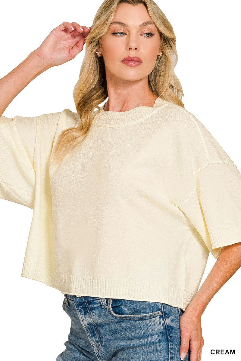 Cream Viscose Mock Neck Short Sleeve Boxy Zenana Sweater 10/2/26 1476