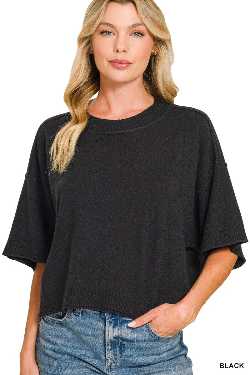 Black Viscose Mock Neck Short Sleeve Boxy Zenana Sweater 10/2/26 1475