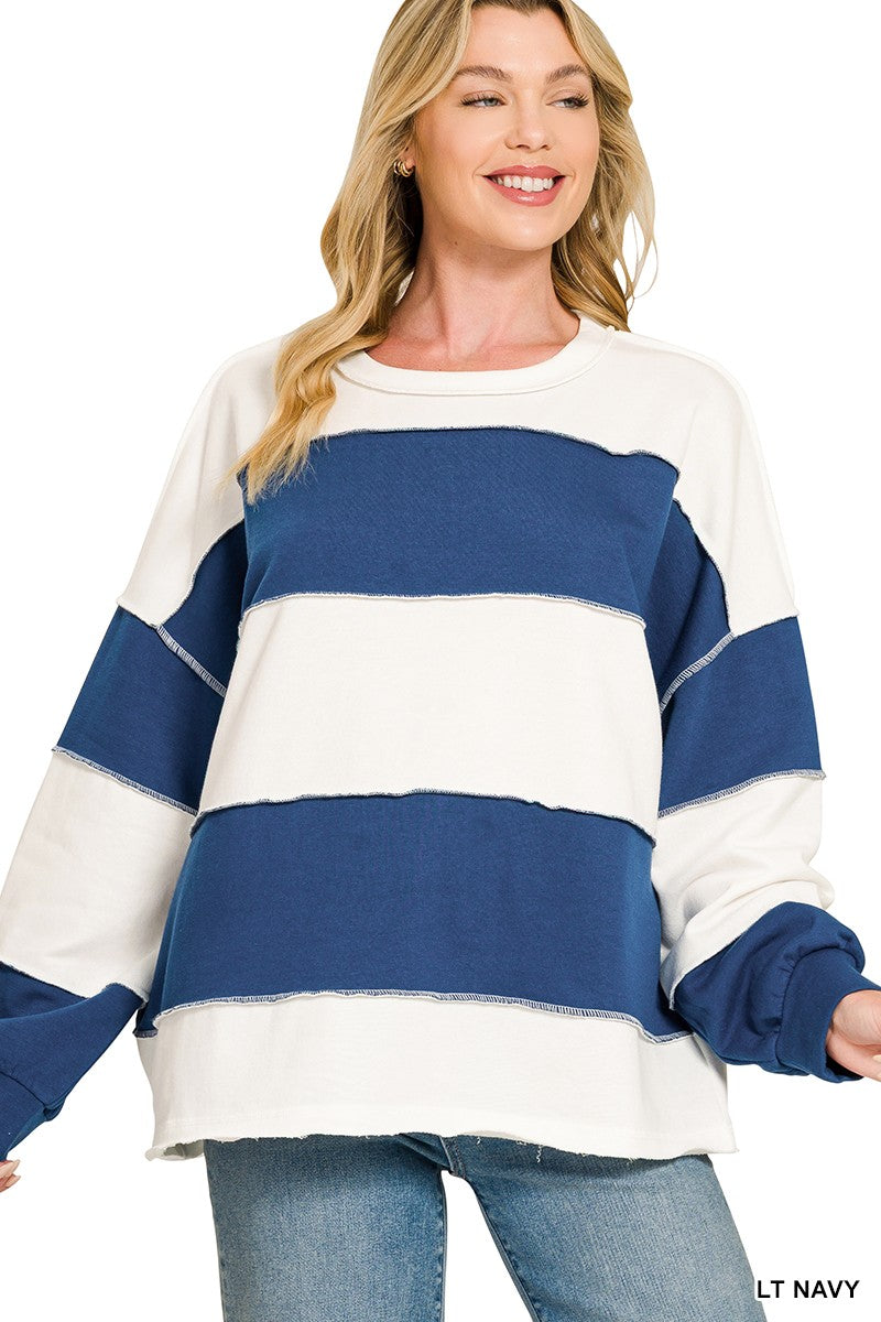 Light Navy French Terry Color Block Exposed Seam Zenana Top 9/21/26 1453