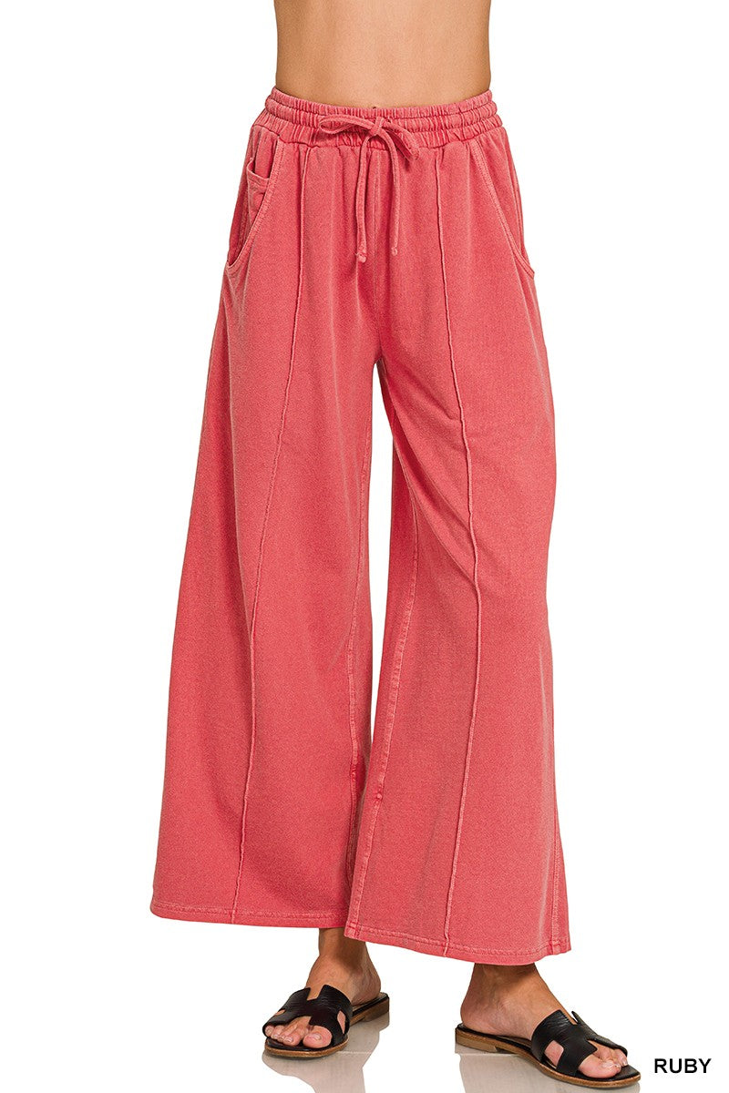 Ruby French Terry Wide Leg Washed Pintuck Zenana Pants 10/14/26 1529