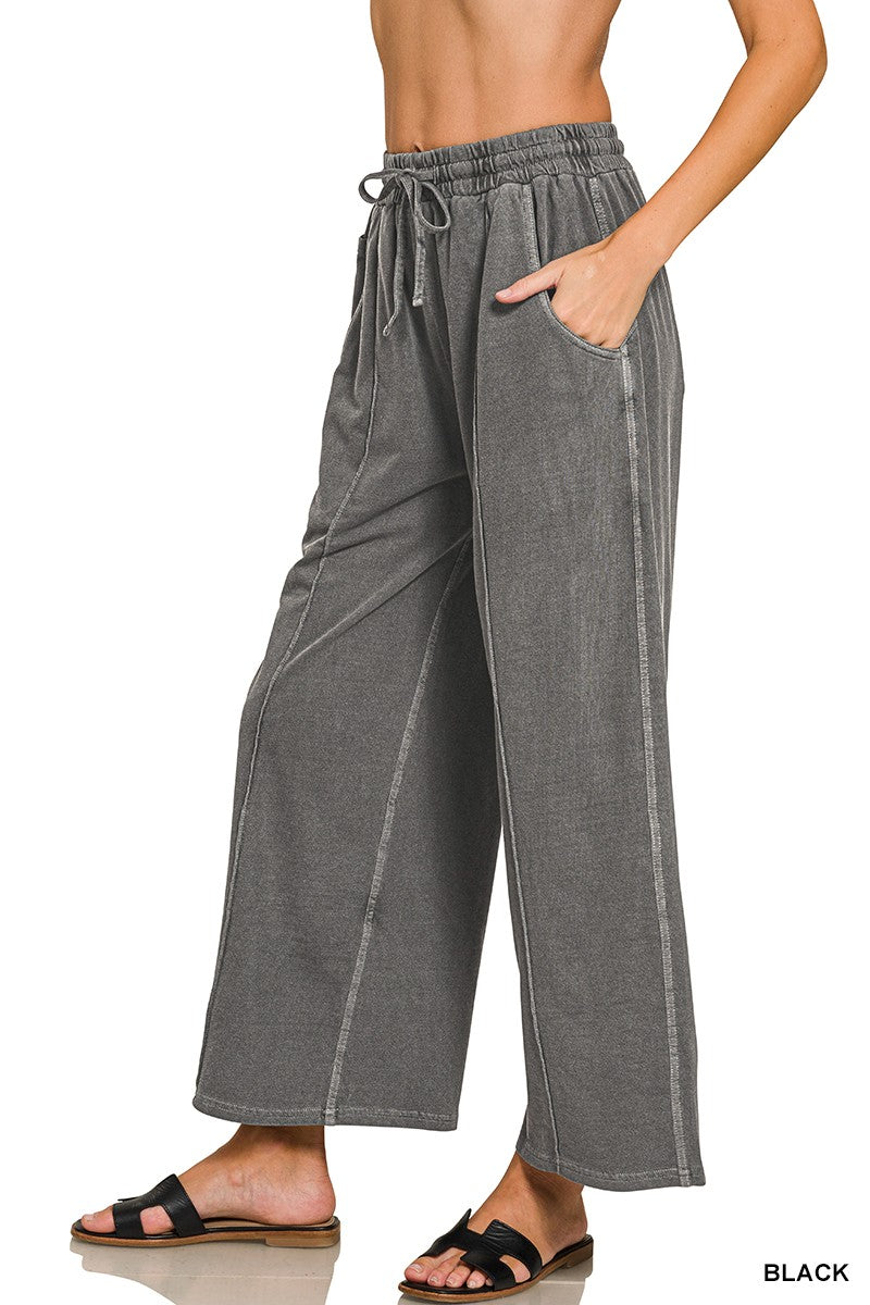 Black French Terry Wide Leg Washed Pintuck Zenana Pants 10/14/26 1527