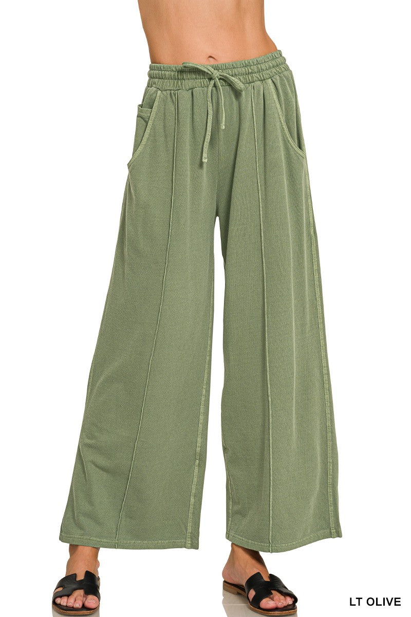 Light Olive French Terry Wide Leg Washed Pintuck Zenana Pants 10/14/26 1528