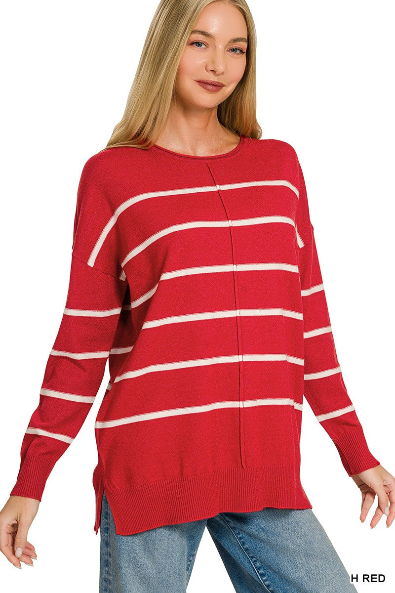 Heather Red Viscose Thin Striped Zenana Sweater 10/2/26 1465