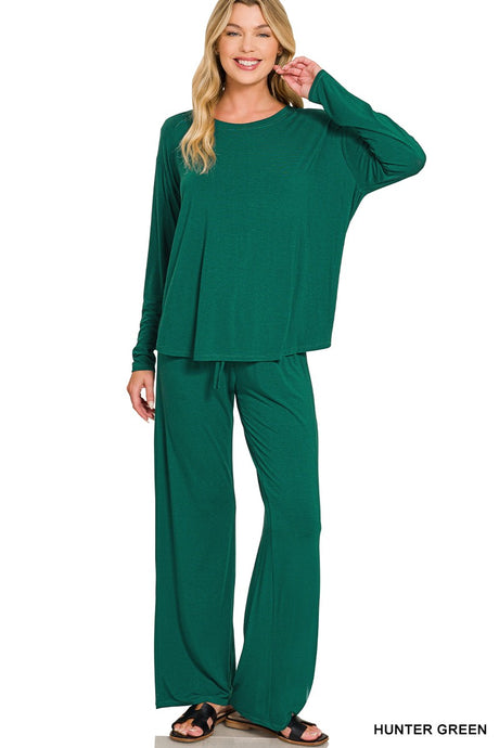 Hunter Green Round Neck Oversized Long Sleeve Top & Pants Zenana Set 9/21/26 1456
