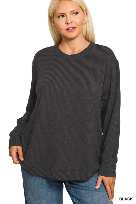Black Plus Raised Rib Round Neck Long Sleeve Zenana Top 10/14/26 1541