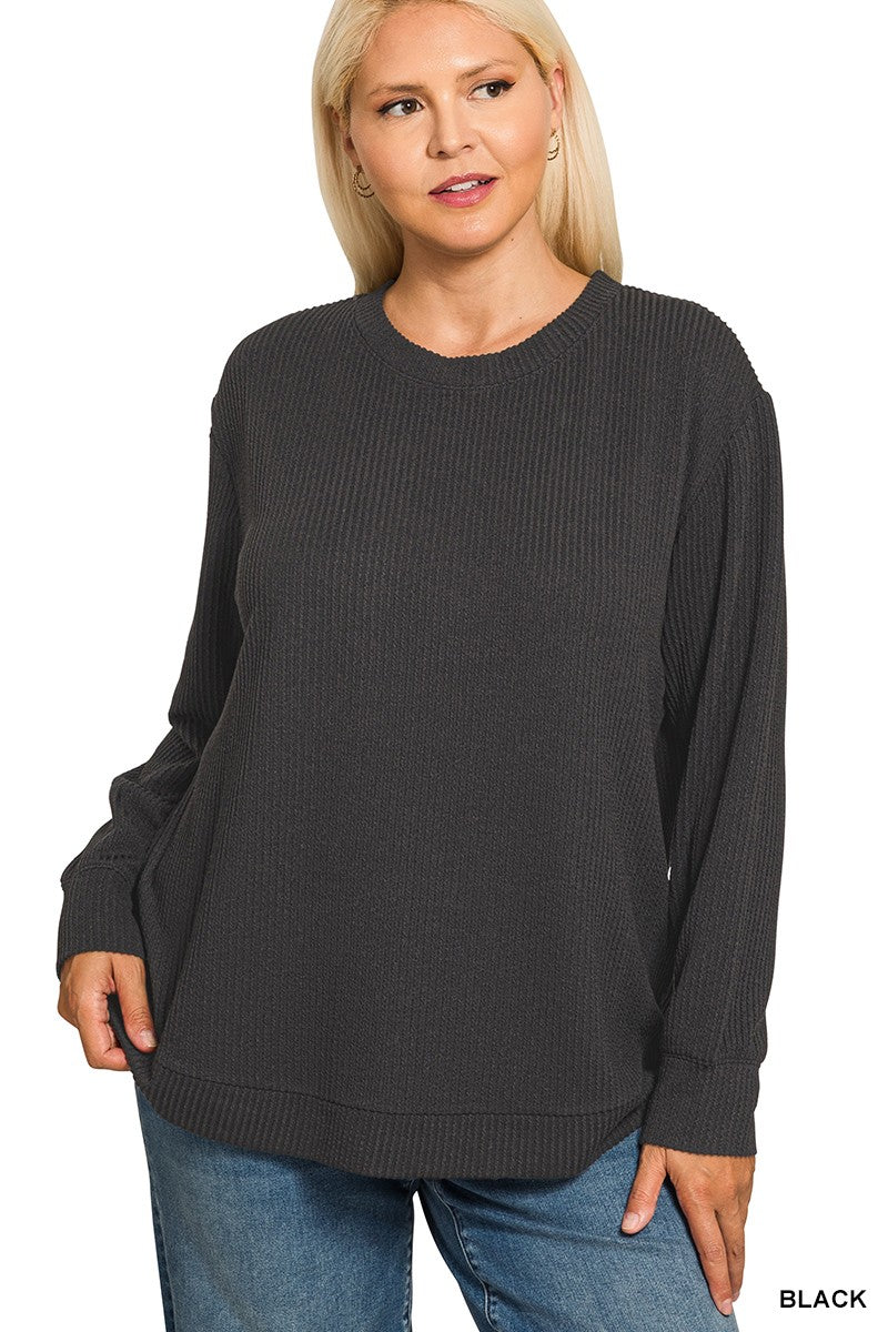 Black Plus Raised Rib Round Neck Long Sleeve Zenana Top 10/14/26 1541