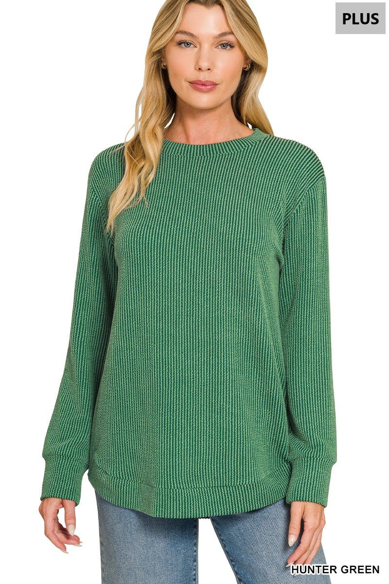Hunter Green Plus Raised Rib Round Neck Long Sleeve Zenana Top 10/14/26 1542