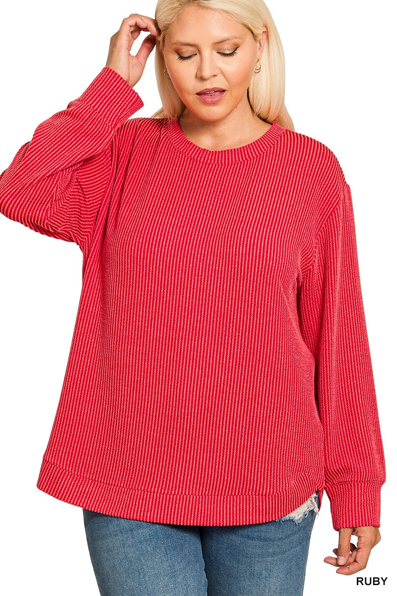 Ruby Plus Raised Rib Round Neck Long Sleeve Zenana Top 10/14/26 1543